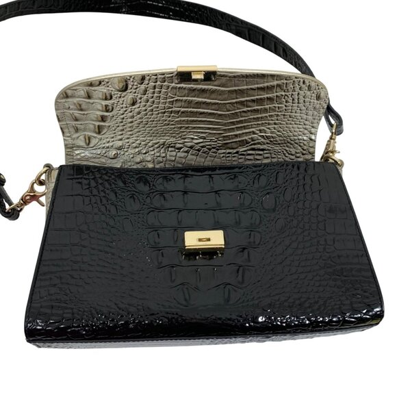 BRAHMIN Fold Over Clasp Shoulder Bag Clutch Crocodile Embossed Leather Silver - Picture 9 of 14